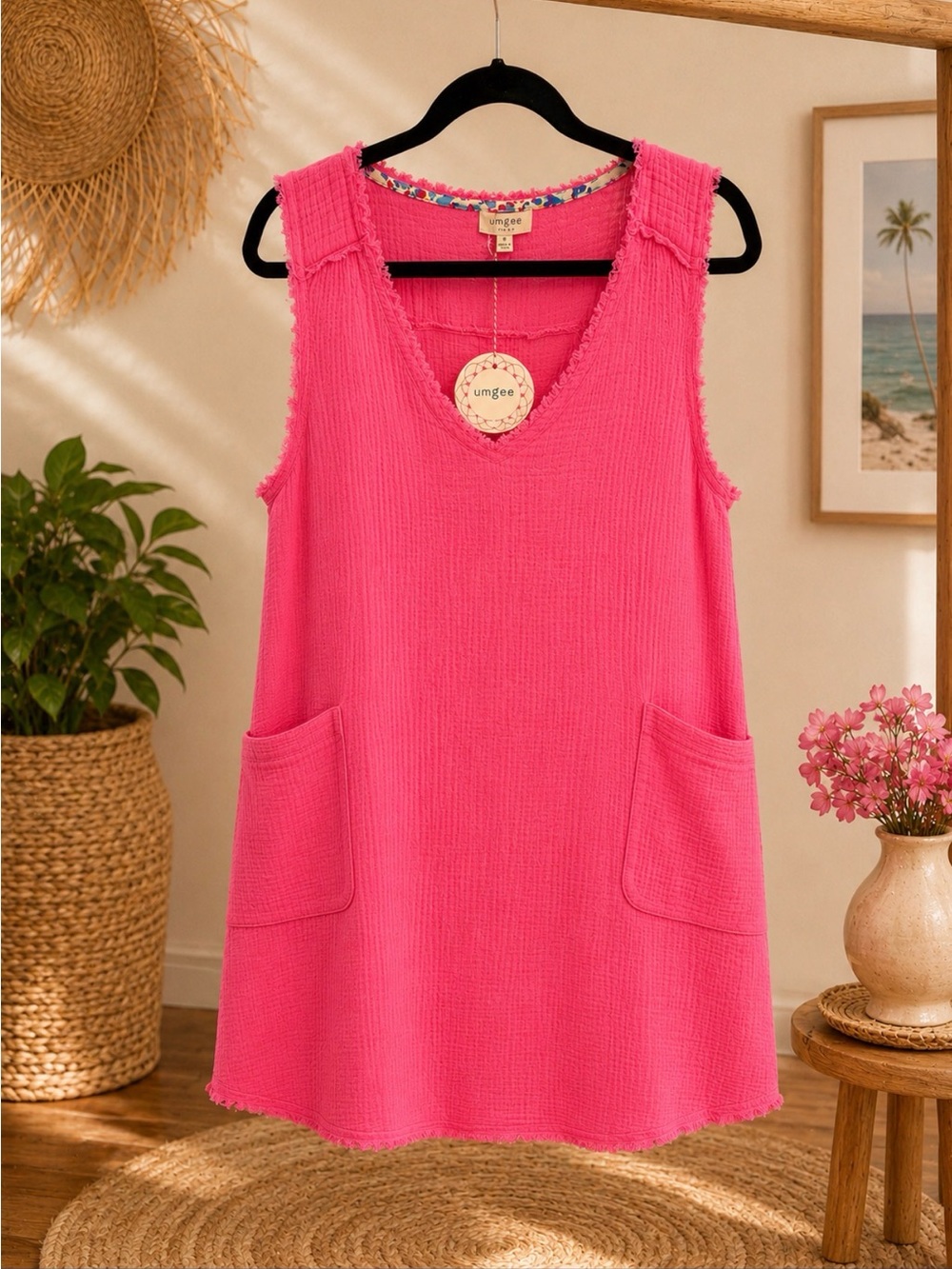 Umgee Hot Pink Textured Pocket Tunic/Dress P2P 21’ length 26’ - NWT